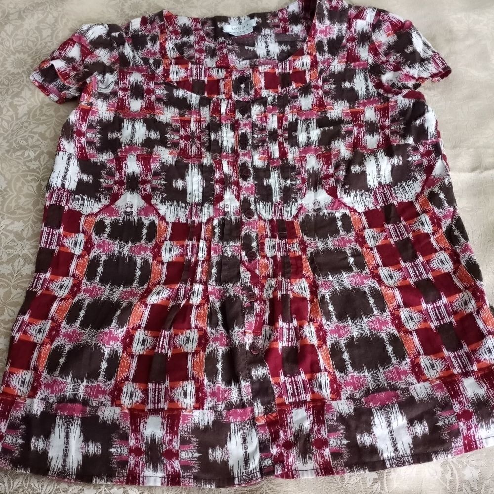 Van Heusen M Multicolored Button Up Ruffle Shortsleeves 100% Cotton Women's Top.